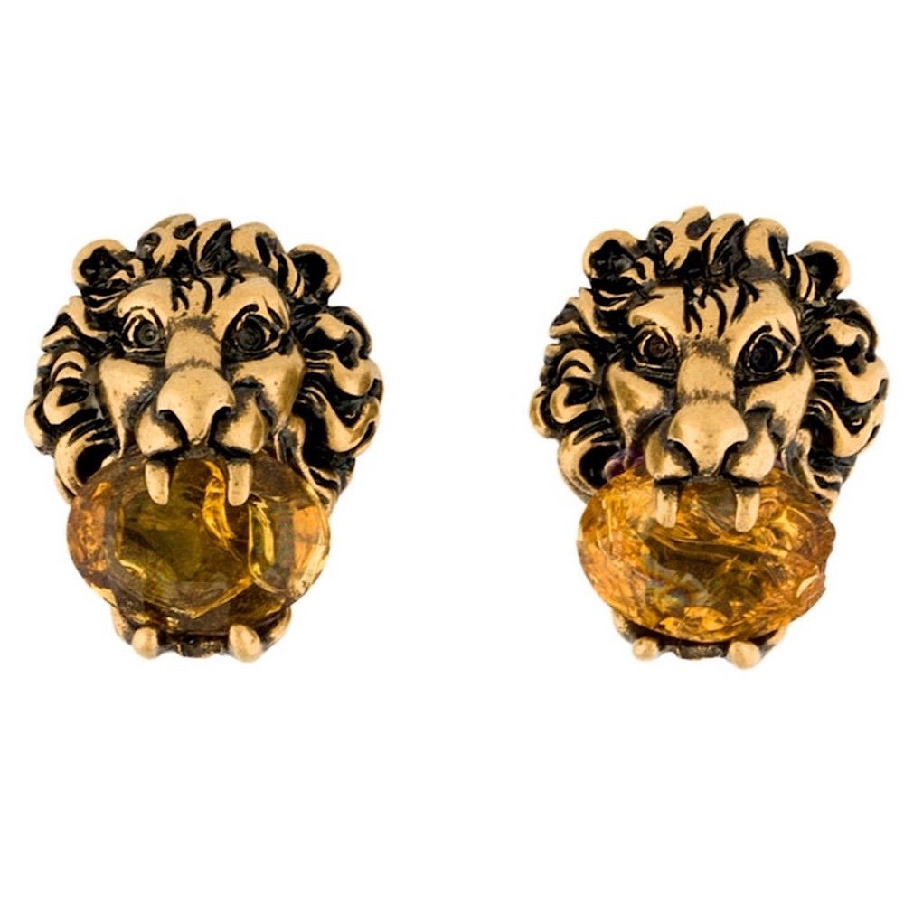 Gucci Gold Lion Head Earring with Large Stunning Yellow Crystal (Clip On) Italia